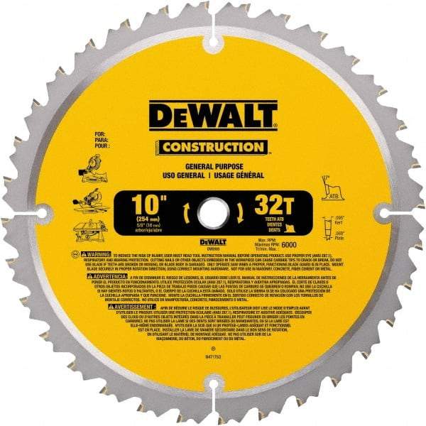 DeWALT - 10" Diam, 5/8" Arbor Hole Diam, 32 Tooth Wet & Dry Cut Saw Blade - Carbide-Tipped, General Purpose Action, Standard Round Arbor - A1 Tooling