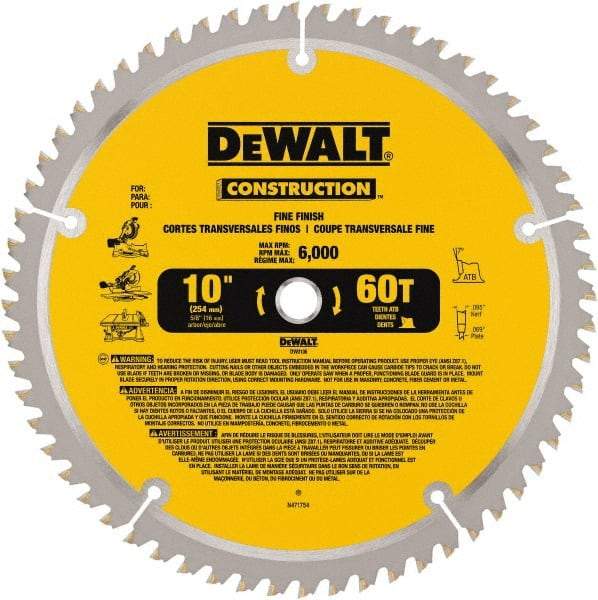 DeWALT - 10" Diam, 5/8" Arbor Hole Diam, 60 Tooth Wet & Dry Cut Saw Blade - Carbide-Tipped, Fine Finishing Action, Standard Round Arbor - A1 Tooling