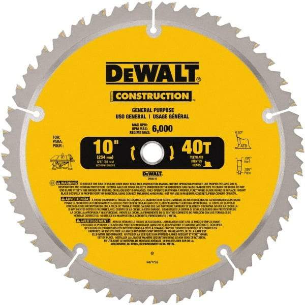 DeWALT - 10" Diam, 5/8" Arbor Hole Diam, 40 Tooth Wet & Dry Cut Saw Blade - Carbide-Tipped, General Purpose Action, Standard Round Arbor - A1 Tooling