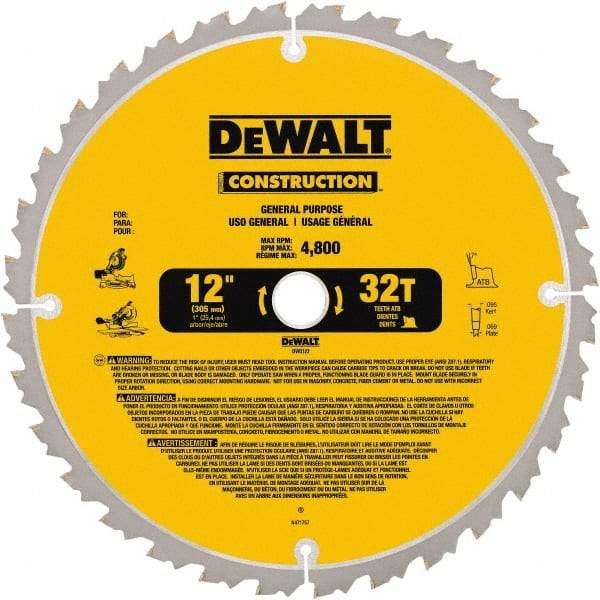 DeWALT - 12" Diam, 1" Arbor Hole Diam, 32 Tooth Wet & Dry Cut Saw Blade - Carbide-Tipped, General Purpose Action, Standard Round Arbor - A1 Tooling