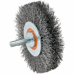 WALTER Surface Technologies - 1-3/8" OD, 1/4" Shank Diam, Crimped Steel Wheel Brush - 1/4" Face Width, 0.008" Filament Diam, 25,000 RPM - A1 Tooling