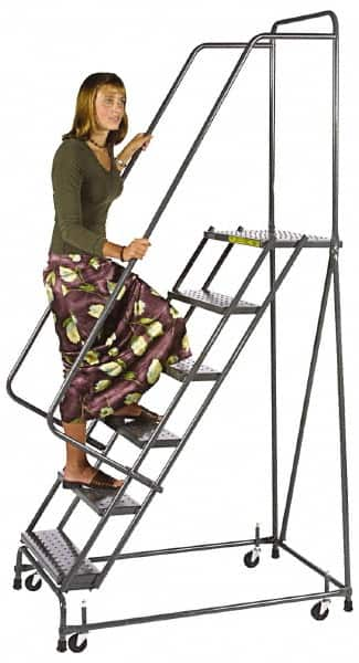 Ballymore - 103" 7 Step Ladder - Spring Loaded Rolling Safety Ladder, 450 Lb Capacity, 70" Platform Height, 24" Base Width x 56" Base Depth, Perforated Tread - A1 Tooling