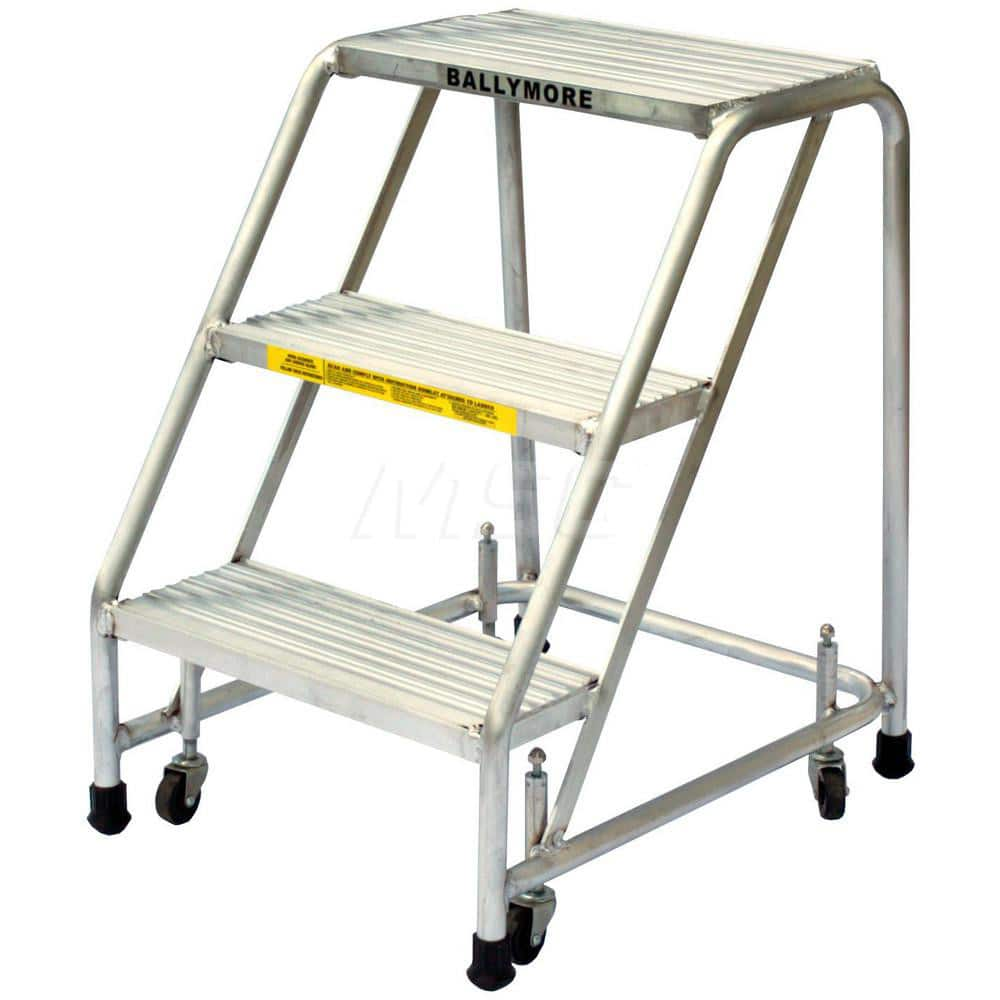 Aluminum Step Rolling Ladder: 28.5″ Platform, 350 lb Capacity, 3 Step, 20″ Base Grip Strut Tread, 18″ Platform Width, Assembled