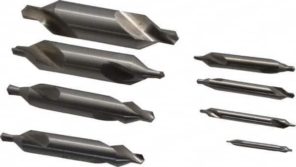 Chicago-Latrobe - 8 Piece, #1 to 8, 1/8 to 3/4" Body Diam, 3/64 to 5/16" Point Diam, Plain Edge, High Speed Steel Combo Drill & Countersink Set - 60° Incl Angle, 1/8 to 3-1/2" OAL, Double End, 217 Series Compatibility - A1 Tooling