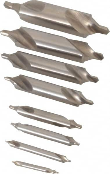 Chicago-Latrobe - 8 Piece, #11 to 18, 1/8 to 3/4" Body Diam, 3/64 to 1/4" Point Diam, Bell Edge, High Speed Steel Combo Drill & Countersink Set - 60° Incl Angle, 1/8 to 3-1/2" OAL, Double End, 217B Series Compatibility - A1 Tooling