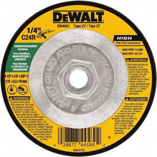 DeWALT - 24 Grit, 4-1/2" Wheel Diam, 1/4" Wheel Thickness, Type 27 Depressed Center Wheel - Silicon Carbide, Resinoid Bond, 13,300 Max RPM - A1 Tooling