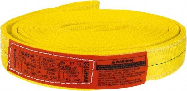 Lift-All - 20' Long x 2" Wide, 6,400 Lb Vertical Capacity, 2 Ply, Polyester Web Sling - 5,000 Lb Choker Capacity, Yellow - A1 Tooling