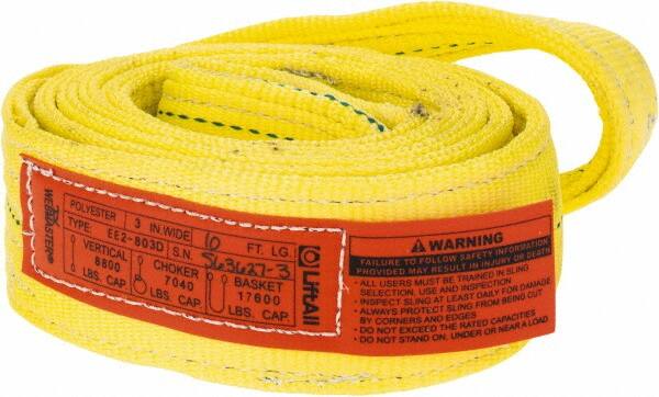 Lift-All - 10' Long x 3" Wide, 8,600 Lb Vertical Capacity, 2 Ply, Polyester Web Sling - 6,900 Lb Choker Capacity, Yellow - A1 Tooling