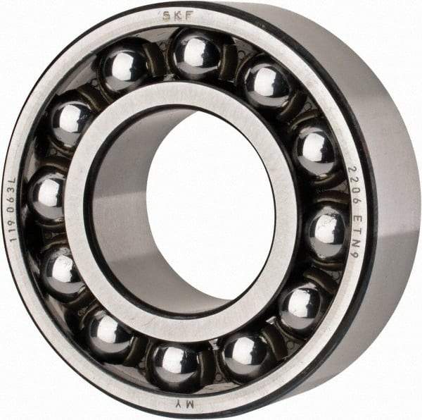 SKF - 30mm Bore Diam, 62mm OD, Open Self Aligning Radial Ball Bearing - 20mm Wide, 2 Rows, Round Bore, 1,510 Lb Static Capacity, 5,350 Lb Dynamic Capacity - A1 Tooling