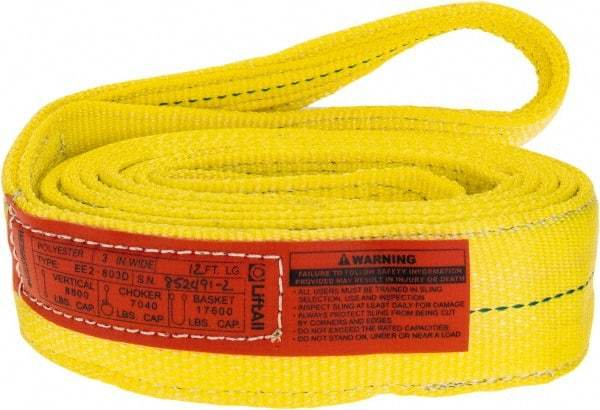 Lift-All - 12' Long x 3" Wide, 8,600 Lb Vertical Capacity, 2 Ply, Polyester Web Sling - 6,900 Lb Choker Capacity, Yellow - A1 Tooling