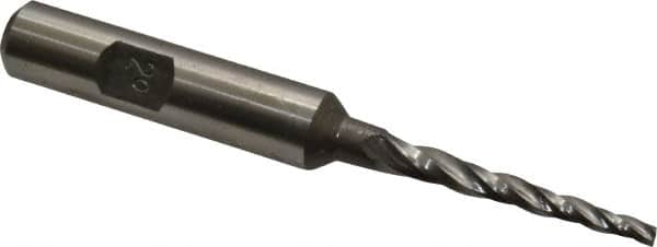 Made in USA - 2° Taper Angle per Side, 3/32" Small End Diam, 1-1/4" LOC, High Speed Steel 3 Flute Tapered Square End Mill - 3-1/4" OAL, 3/8" Shank Diam, Spiral Flute - A1 Tooling