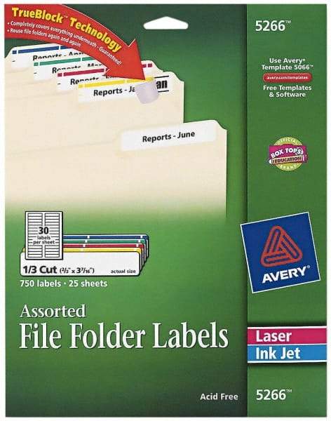 AVERY - 0.6" Wide x 3-7/16" Long, White/Blue/Green/Red/Yellow Paper File Folder Label - For Laser/Inkjet Printers - A1 Tooling