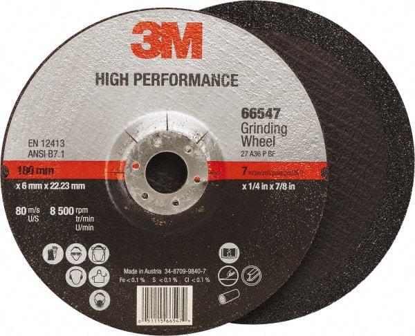 3M - 36 Grit, 7" Wheel Diam, 1/4" Wheel Thickness, 7/8" Arbor Hole, Type 27 Depressed Center Wheel - Ceramic, Resinoid Bond, 8,500 Max RPM, Compatible with Angle Grinder - A1 Tooling