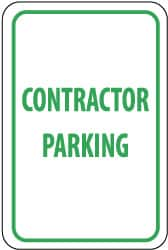 NMC - "Contractor Parking", 12" Wide x 18" High, Aluminum Reserved Parking Signs - 0.063" Thick, Green on White, Rectangle, Post Mount - A1 Tooling