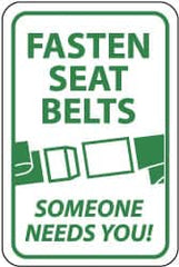 NMC - "Fasten Seat Belts - Someone Needs You!", "Seatbelt Buckle", 12" Wide x 18" High, Aluminum Warning & Safety Reminder Signs - 0.08" Thick, Green on White, High Intensity Reflectivity, Rectangle, Post Mount - A1 Tooling