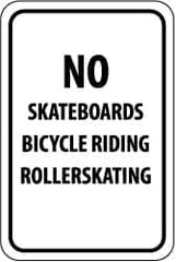 NMC - "No Skateboards Bicycle Riding Rollerskating", 12" Wide x 18" High, Aluminum Parking Lot Traffic Signs - 0.063" Thick, Black on White, Rectangle, Post Mount - A1 Tooling