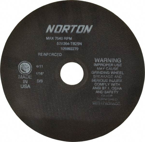 Norton - 8" 36 Grit Aluminum Oxide Cutoff Wheel - 1/16" Thick, 1-1/4" Arbor, 7,640 Max RPM, Use with Stationary Grinders - A1 Tooling