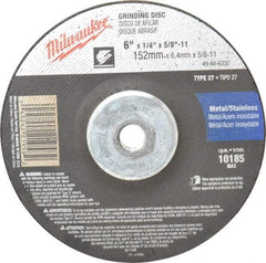 Milwaukee Tool - 24 Grit, 6" Wheel Diam, 1/4" Wheel Thickness, Type 27 Depressed Center Wheel - Aluminum Oxide, Resinoid Bond, R Hardness, 10,185 Max RPM, Compatible with Angle Grinder - A1 Tooling