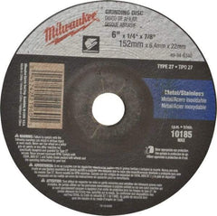 Milwaukee Tool - 24 Grit, 6" Wheel Diam, 1/4" Wheel Thickness, 7/8" Arbor Hole, Type 27 Depressed Center Wheel - Aluminum Oxide, Resinoid Bond, R Hardness, 10,185 Max RPM, Compatible with Angle Grinder - A1 Tooling