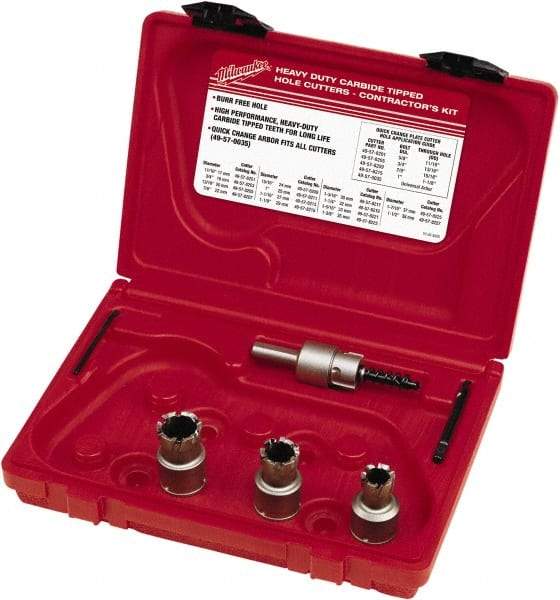 Milwaukee Tool - 5 Piece, 11/16" to 15/16" Saw Diam, Contractor's Hole Saw Kit - Carbide-Tipped, Gulleted Edge, Pilot Drill Model No. 49-57-0035, 49-57-0038, Includes 3 Hole Saws - A1 Tooling