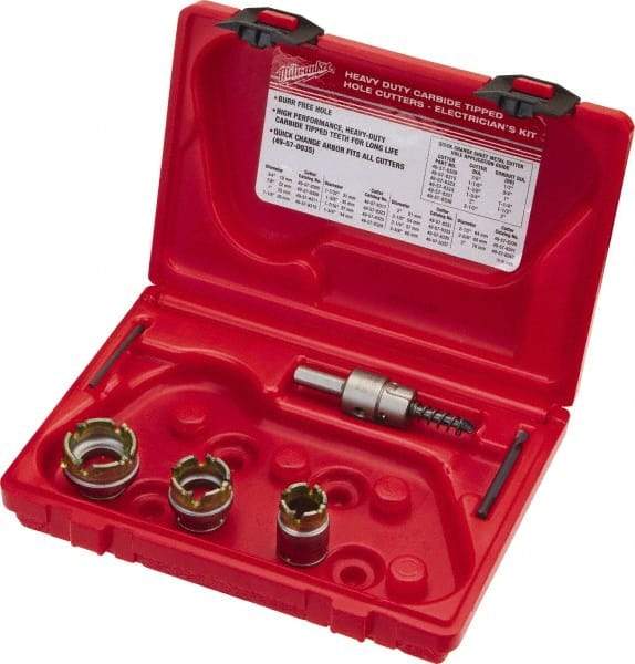 Milwaukee Tool - 5 Piece, 7/8" to 1-3/8" Saw Diam, Electrician's Hole Saw Kit - Carbide-Tipped, Gulleted Edge, Pilot Drill Model No. 49-57-0035, 49-57-0038, Includes 3 Hole Saws - A1 Tooling