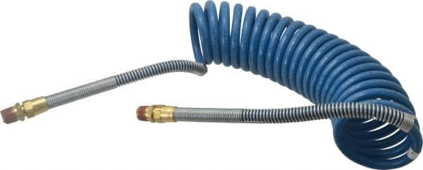 Parker - 3/8" ID, 1/2 x 1/2 Thread, 15' Long, Blue SAE J844 Type B Nylon Coiled & Self Storing Hose - 150 Max psi, Parker NTA Brass Fittings - A1 Tooling