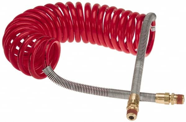 Parker - 3/8" ID, 1/2 x 1/2 Thread, 15' Long, Red SAE J844 Type B Nylon Coiled & Self Storing Hose - 150 Max psi, Parker NTA Brass Fittings - A1 Tooling