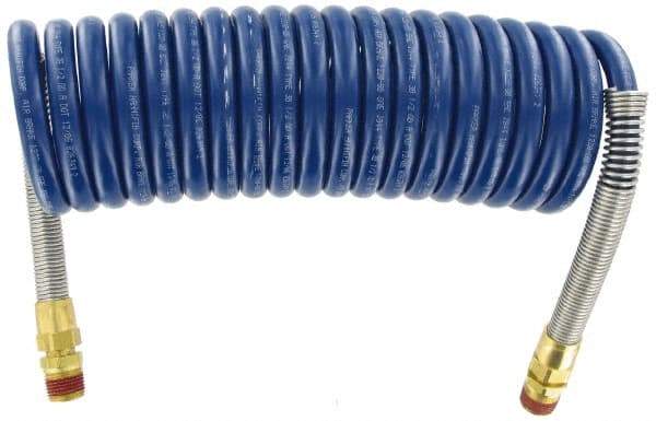 Parker - 3/8" ID, 1/2 x 1/2 Thread, 15' Long, Blue SAE J844 Type B Nylon Coiled & Self Storing Hose - 150 Max psi, Parker NTA Brass Fittings - A1 Tooling