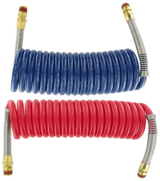 Parker - 3/8" ID, 1/2 x 1/2 Thread, 15' Long, (1) Red & (1) Blue SAE J844 Type B Nylon Coiled & Self Storing Hose - 150 Max psi, Parker NTA Brass Fittings - A1 Tooling