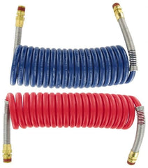 Parker - 3/8" ID, 1/2 x 1/2 Thread, 15' Long, (1) Red & (1) Blue SAE J844 Type B Nylon Coiled & Self Storing Hose - 150 Max psi, Parker NTA Brass Fittings - A1 Tooling