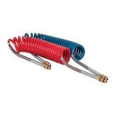 Parker - 3/8" ID, 1/2 x 1/2 Thread, 15' Long, (1) Red & (1) Blue SAE J844 Type B Nylon Coiled & Self Storing Hose - 150 Max psi, Parker NTA Brass Fittings - A1 Tooling