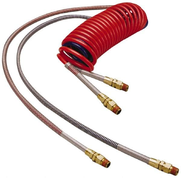 Parker - 3/8" ID, 1/2 x 1/2 Thread, 15' Long, (1) Red & (1) Blue SAE J844 Type B Nylon Coiled & Self Storing Hose - 150 Max psi, Parker NTA Brass Fittings - A1 Tooling