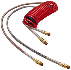 Parker - 3/8" ID, 1/2 x 1/2 Thread, 15' Long, (1) Red & (1) Blue SAE J844 Type B Nylon Coiled & Self Storing Hose - 150 Max psi, Parker NTA Brass Fittings - A1 Tooling