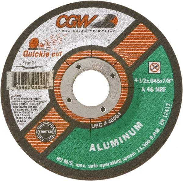 Camel Grinding Wheels - 46 Grit, 4-1/2" Wheel Diam, 7/8" Arbor Hole, Type 27 Depressed Center Wheel - Medium Grade, Aluminum Oxide, Resinoid Bond, N Hardness, 12,250 Max RPM - A1 Tooling