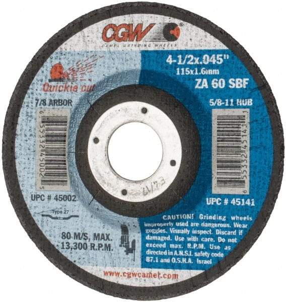 Camel Grinding Wheels - 60 Grit, 4-1/2" Wheel Diam, 7/8" Arbor Hole, Type 27 Depressed Center Wheel - Zirconia Alumina, Resinoid Bond, S Hardness, 13,300 Max RPM, Compatible with Angle Grinder - A1 Tooling