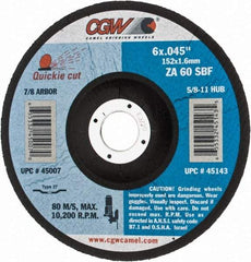 Camel Grinding Wheels - 60 Grit, 6" Wheel Diam, 7/8" Arbor Hole, Type 27 Depressed Center Wheel - Zirconia Alumina, Resinoid Bond, S Hardness, 10,200 Max RPM, Compatible with Angle Grinder - A1 Tooling