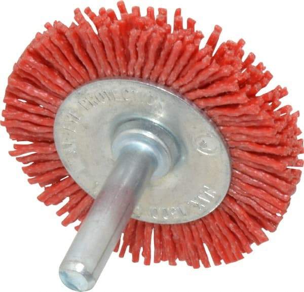 Value Collection - 2" OD, 1/4" Shank Diam, Crimped Nylon Wheel Brush - 1/4" Face Width, 5/16" Trim Length, 4,500 RPM - A1 Tooling