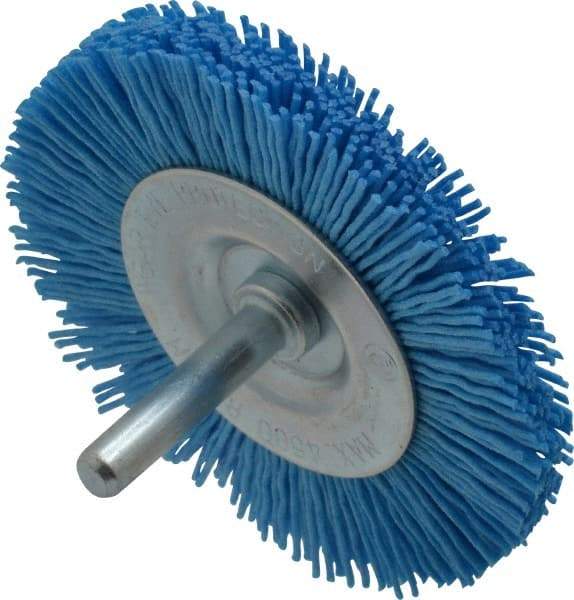 Value Collection - 3" OD, 1/4" Shank Diam, Crimped Nylon Wheel Brush - 1/4" Face Width, 5/16" Trim Length, 4,500 RPM - A1 Tooling