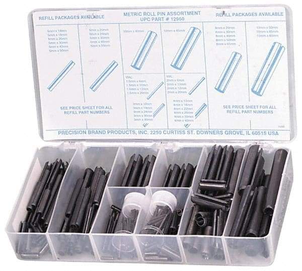 Precision Brand - 287 Piece, 1.5 to 10mm Pin Diam, Spring Pin Assortment - 1.5 to 80mm Long, Steel - A1 Tooling