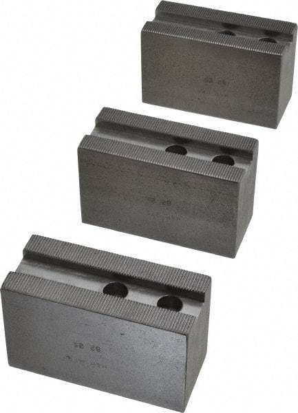 H & R Manufacturing - 1.5mm x 60° Serrated Attachment, Square Soft Lathe Chuck Jaw - 3 Jaws, Steel, 1.181" Btw Mount Hole Ctrs, 4" Long x 1-3/4" Wide x 2-1/2" High, 0.63" Groove, 12mm Fastener - A1 Tooling