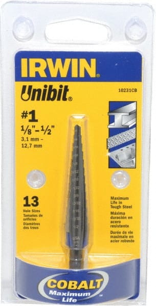 Irwin - 13 Hole Sizes, 1/8 to 1/2" Hole Diam Cobalt Speedpoint Step Drill Bit - A1 Tooling