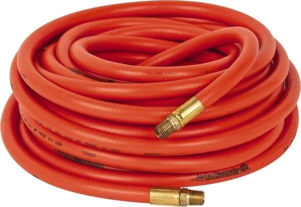 PRO-SOURCE - 3/8" ID x 19/32" OD 50' Long Multipurpose Air Hose - MNPT x MNPT Ends, 300 Working psi, 23 to 150°F, 1/4" Fitting, Orange - A1 Tooling