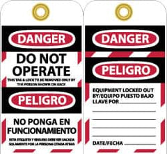 NMC - 3" High x 6" Long, DANGER - DO NOT OPERATE - THIS TAG & LOCK TO BE REMOVED ONLY BY THE PERSON SHOWN ON BACK, English & Spanish Safety & Facility Lockout Tag - Tag Header: Danger, 2 Sides, Black, Red & White Unrippable Vinyl - A1 Tooling