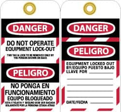 NMC - 3" High x 6" Long, DANGER - DO NOT OPERATE - EQUIPMENT LOCK-OUT - THIS TAG & LOCK TO BE REMOVED ONLY BY THE PERSON SHOWN ON BACK, English & Spanish Safety & Facility Lockout Tag - Tag Header: Danger, 2 Sides, Black, Red & White Unrippable Vinyl - A1 Tooling