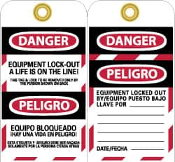 NMC - 10 Qty 1 Pack 3" High x 6" Long, DANGER - EQUIPMENT LOCK-OUT - A LIFE IS ON THE LINE! THIS TAG & LOCK TO BE REMOVED ONLY BY THE PERSON SHOWN ON BACK, English & Spanish Safety & Facility Lockout Tag - Exact Industrial Supply