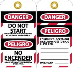 NMC - 3" High x 6" Long, DANGER - DO NOT START - THIS TAG & LOCK TO BE REMOVED ONLY BY THE PERSON SHOWN ON BACK, English & Spanish Safety & Facility Lockout Tag - Tag Header: Danger, 2 Sides, Black, Red & White Unrippable Vinyl - A1 Tooling