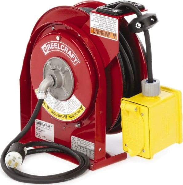 Reelcraft - 12 AWG, 45' Cable Length, Cord & Cable Reel with Outlet End - 2 Outlets, NEMA 5-15R, 15 Amps, 125 Volts, SJEOOW Cable, Red Reel, Electric Reel - A1 Tooling