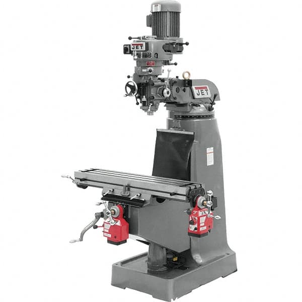 Jet - 9" Table Width x 42" Table Length, Step Pulley Control, 3 Phase Knee Milling Machine - R8 Spindle Taper, 2 hp - A1 Tooling