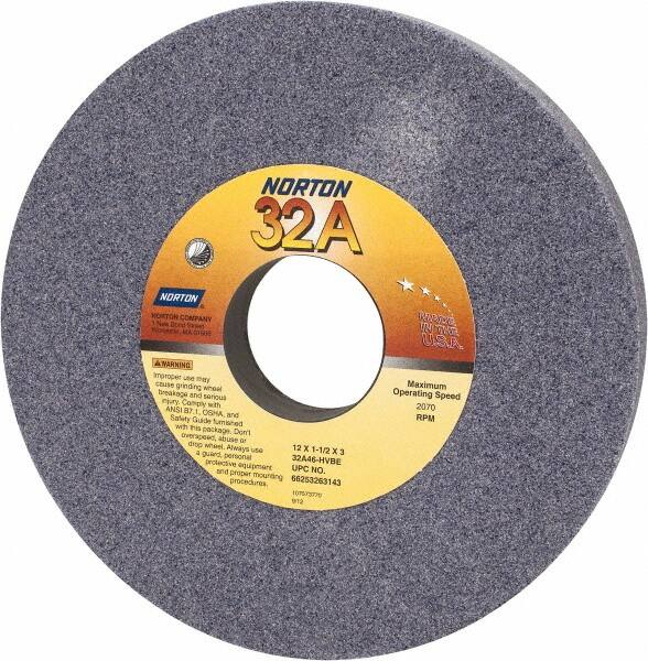 Norton - 12" Diam x 3" Hole x 1-1/2" Thick, H Hardness, 46 Grit Surface Grinding Wheel - Aluminum Oxide, Type 1, Coarse Grade, 2,070 Max RPM, Vitrified Bond, No Recess - A1 Tooling