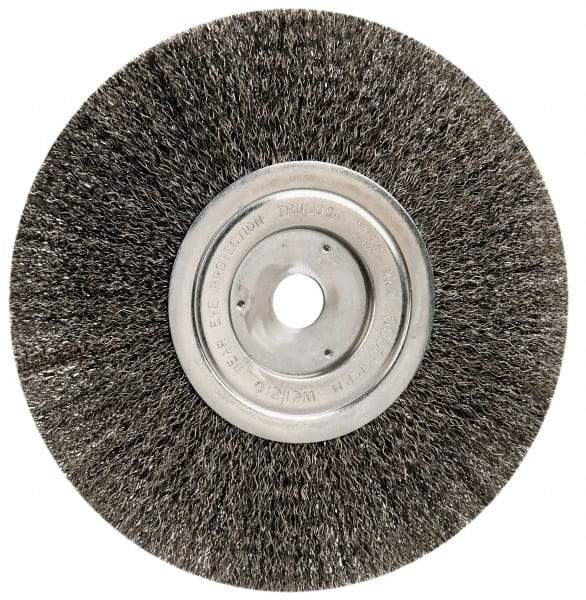 Weiler - 8" OD, 3/4" Arbor Hole, Crimped Steel Wheel Brush - 1/2" Face Width, 2-1/16" Trim Length, 0.014" Filament Diam, 6,000 RPM - A1 Tooling